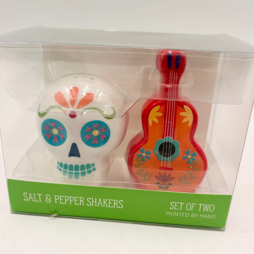 Boston Warehouse Day of the Dead Sugar Skull‎ and Guitar Salt and Pepper Shakers